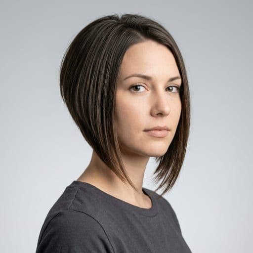 A woman with angled bob: A bob cut shorter at the back and longer at the front, with the longest pieces past the jaw.