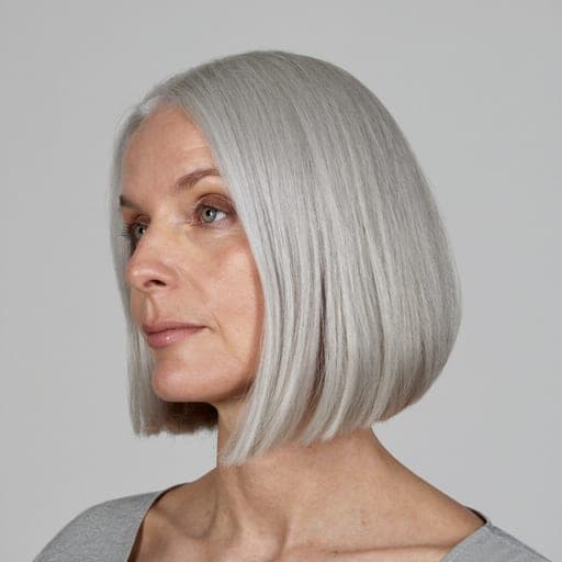 A woman with angled bob: A bob cut shorter at the back and longer at the front, with the longest pieces past the jaw.