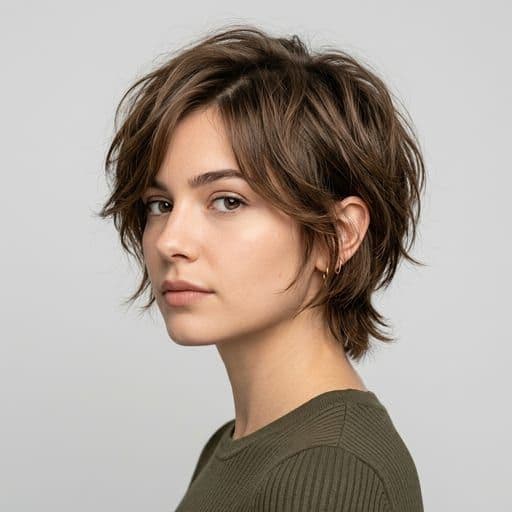 A woman with bixie: Between a bob and a pixie — short, layered, with length left over the ears and at the nape.