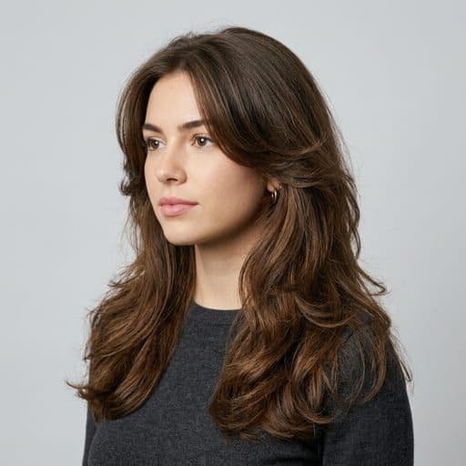 A woman with butterfly cut: Long hair with two layer lengths — short face-framing pieces over long ends, so it reads as short and long at once.