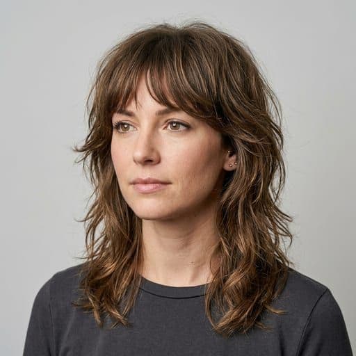 A woman with shoulder-length shag: Heavily layered and textured through the mid-lengths, usually with a fringe.