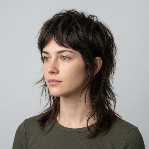 A woman with wolf cut: A shag taken further — short, heavy layers at the crown falling into wispy lengths.