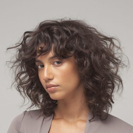 A woman with wolf cut: A shag taken further - short, heavy layers at the crown falling into wispy lengths.
